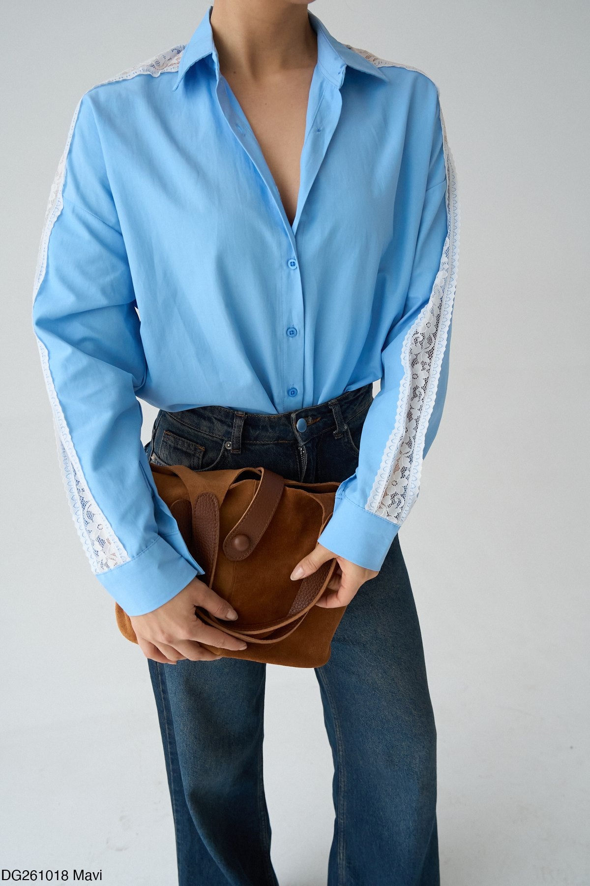 Blue shirt with white lace