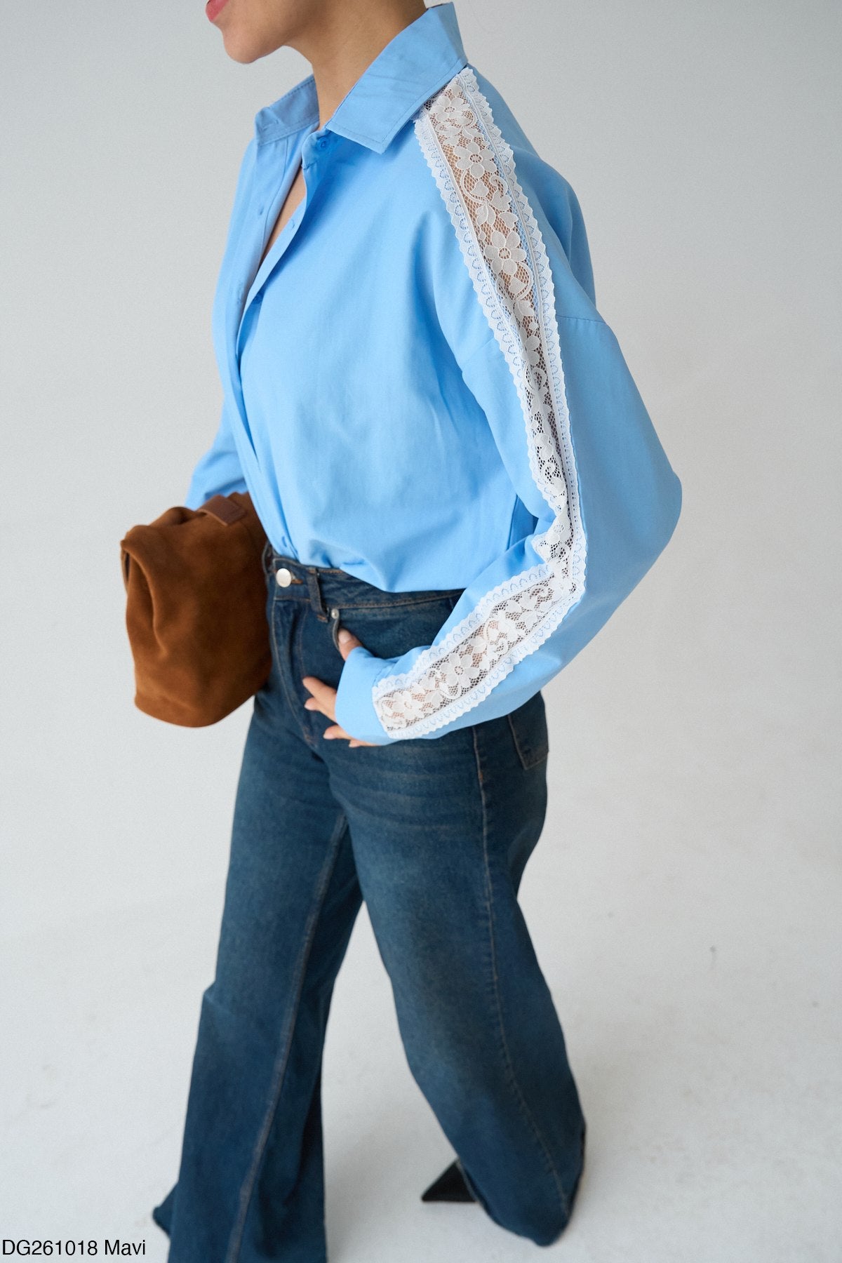 Blue shirt with white lace