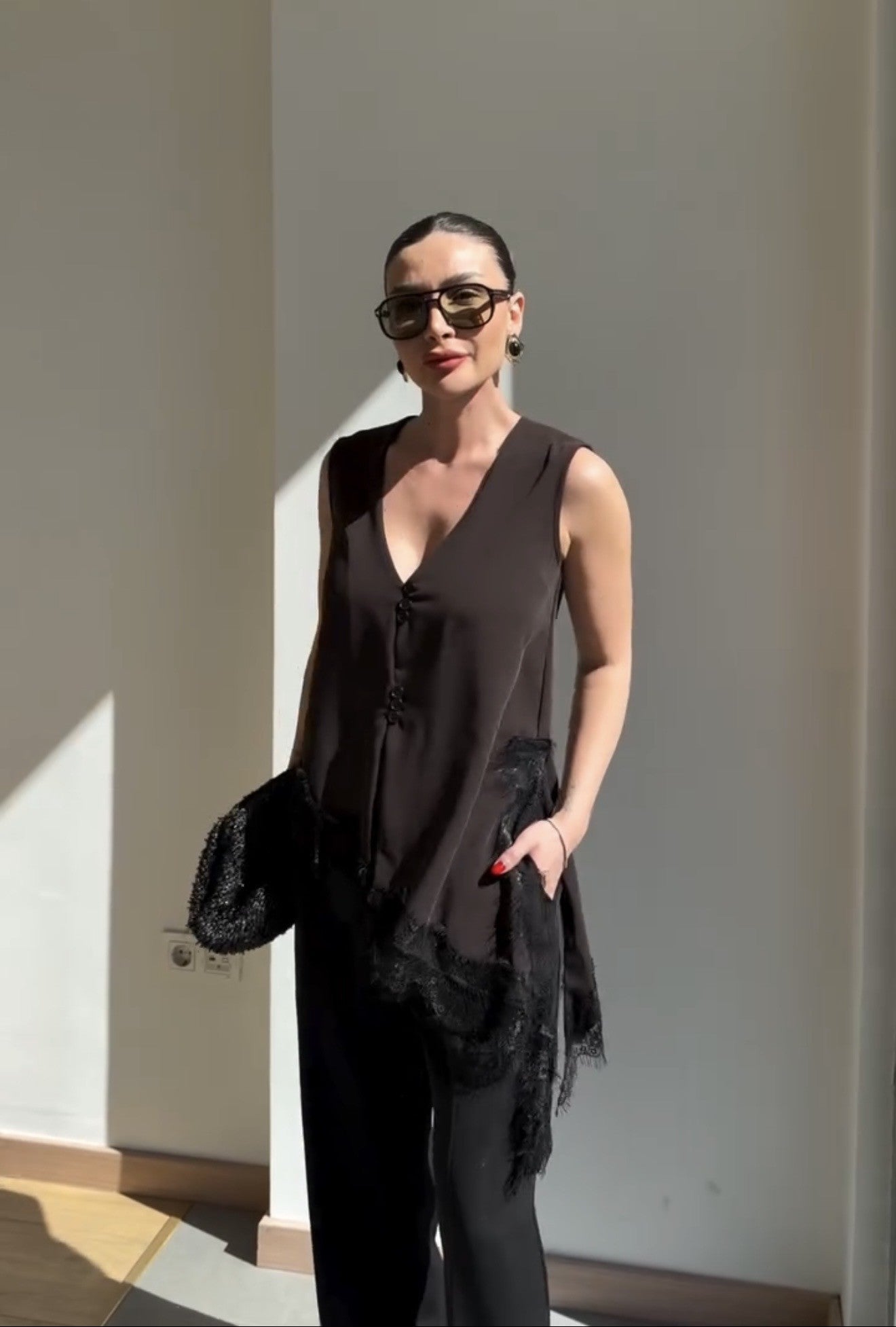 Brown top with black lace