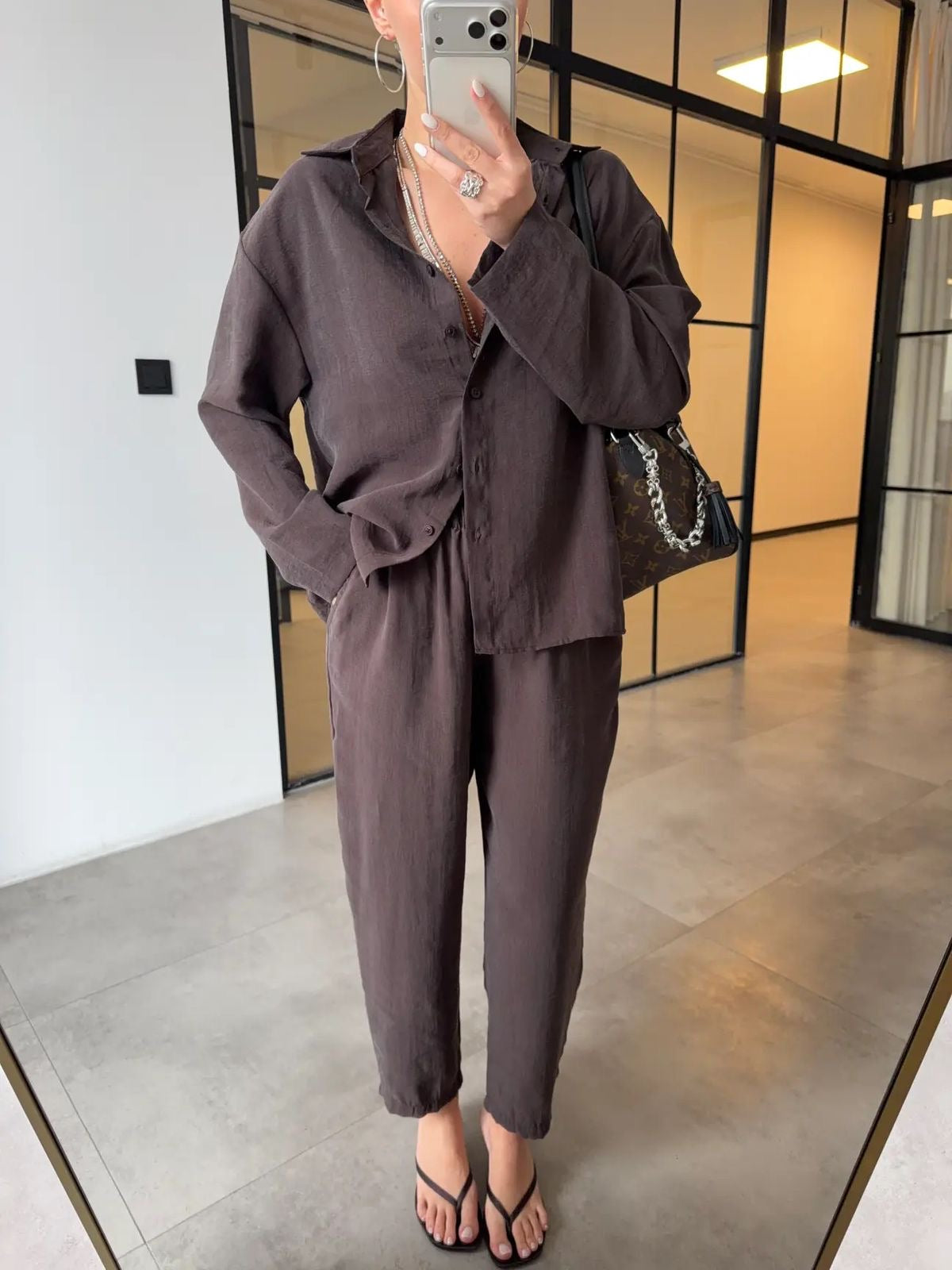 Brown long sleeve linen set