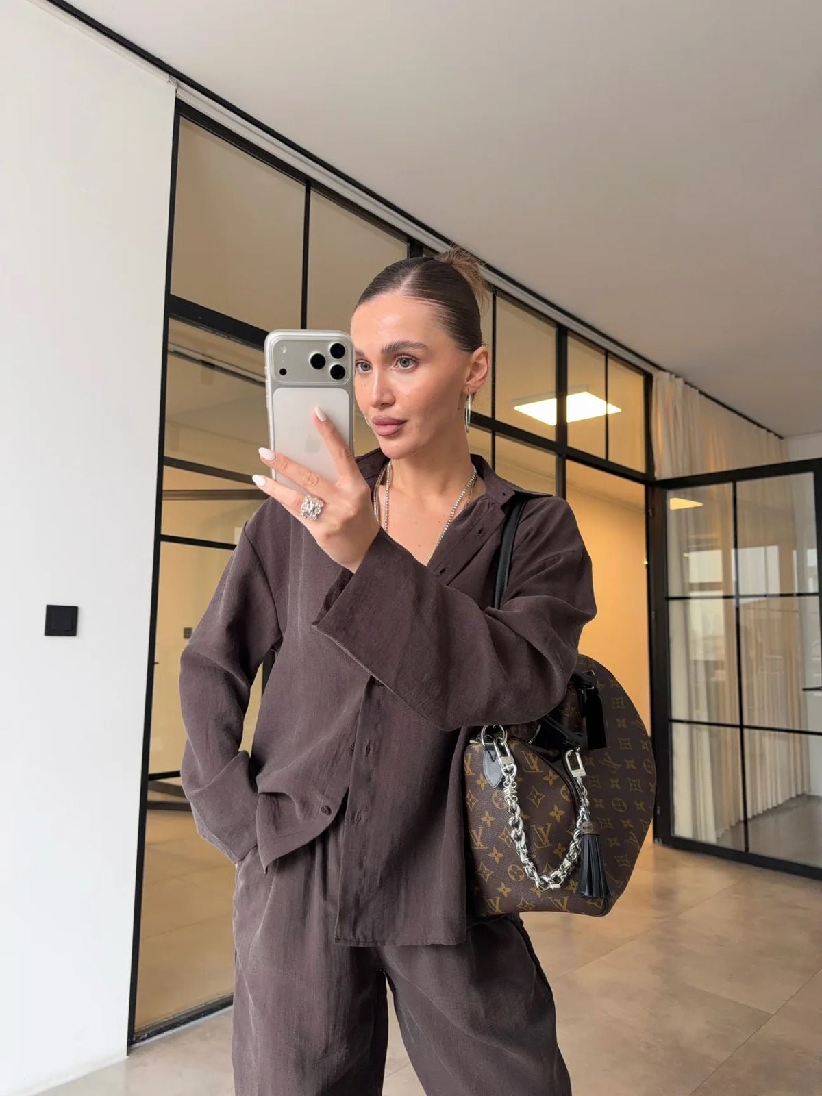 Brown long sleeve linen set